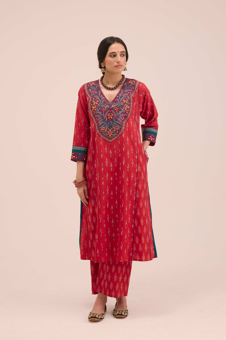 Straight Embroidered Ikkat Printed Pant Red