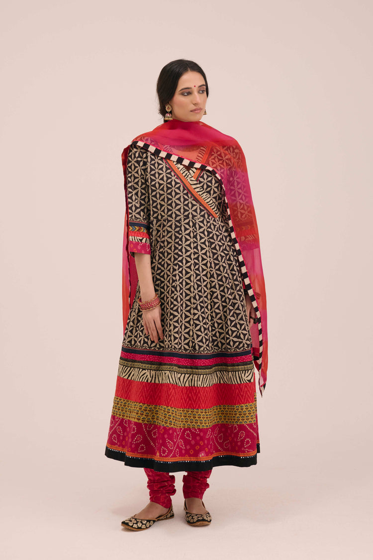 Nargis Cotton Angrakha Anarkali Ensemble Black Pink (SO3)