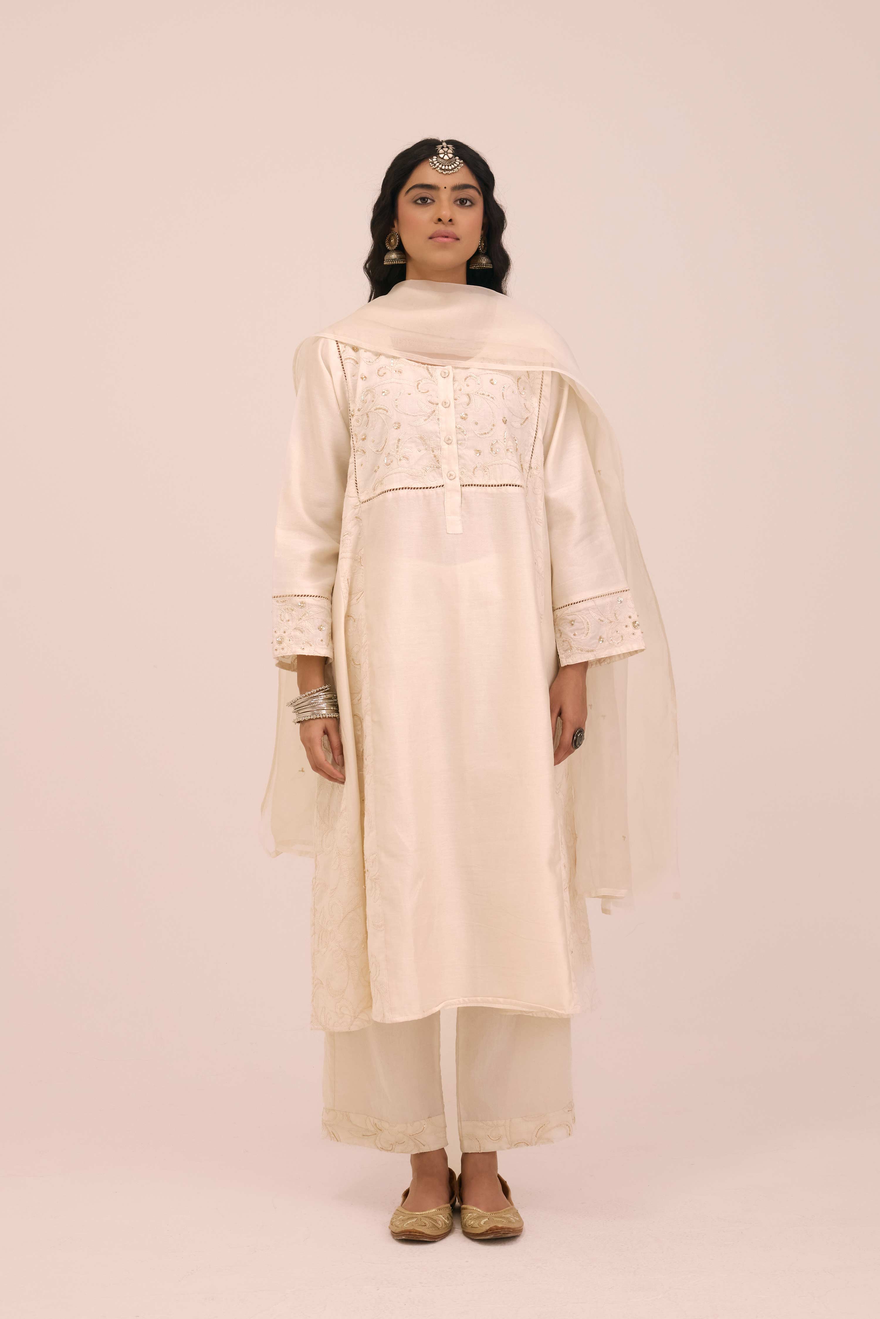 Medh Embroidered Treated Chiffon Dupatta Cream