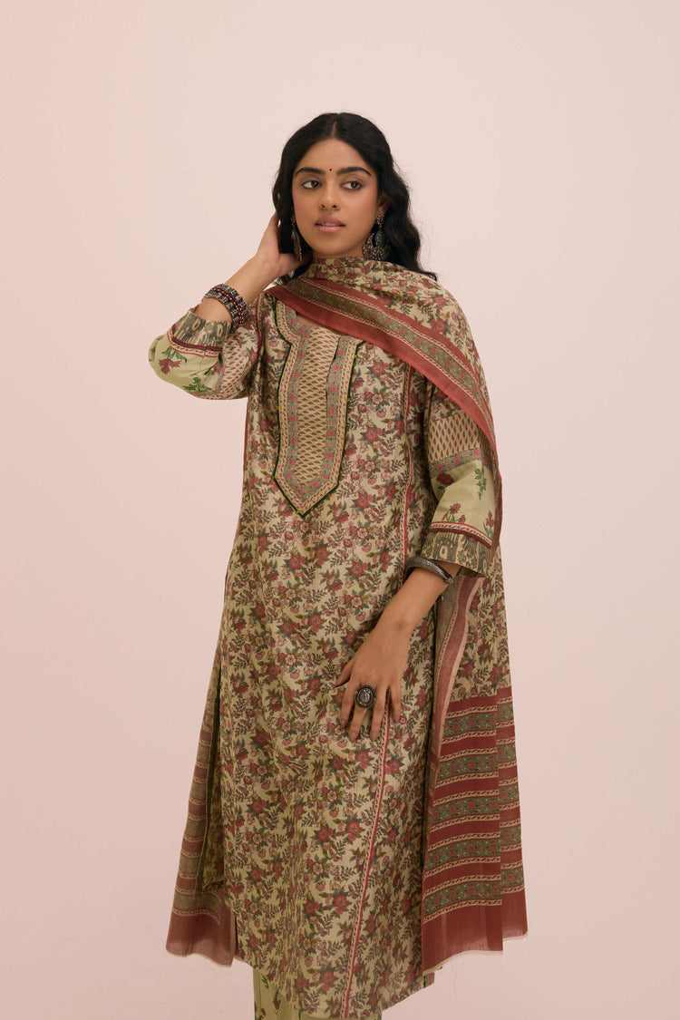 Rozana Chanderi Printed Ensemble Pista Green Peach (Set of 2)