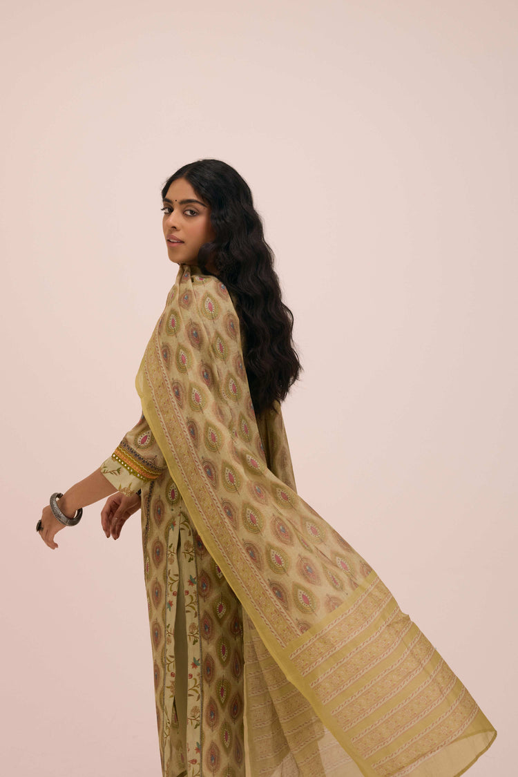 Chanderi Mul Printed Dupatta Pista Green