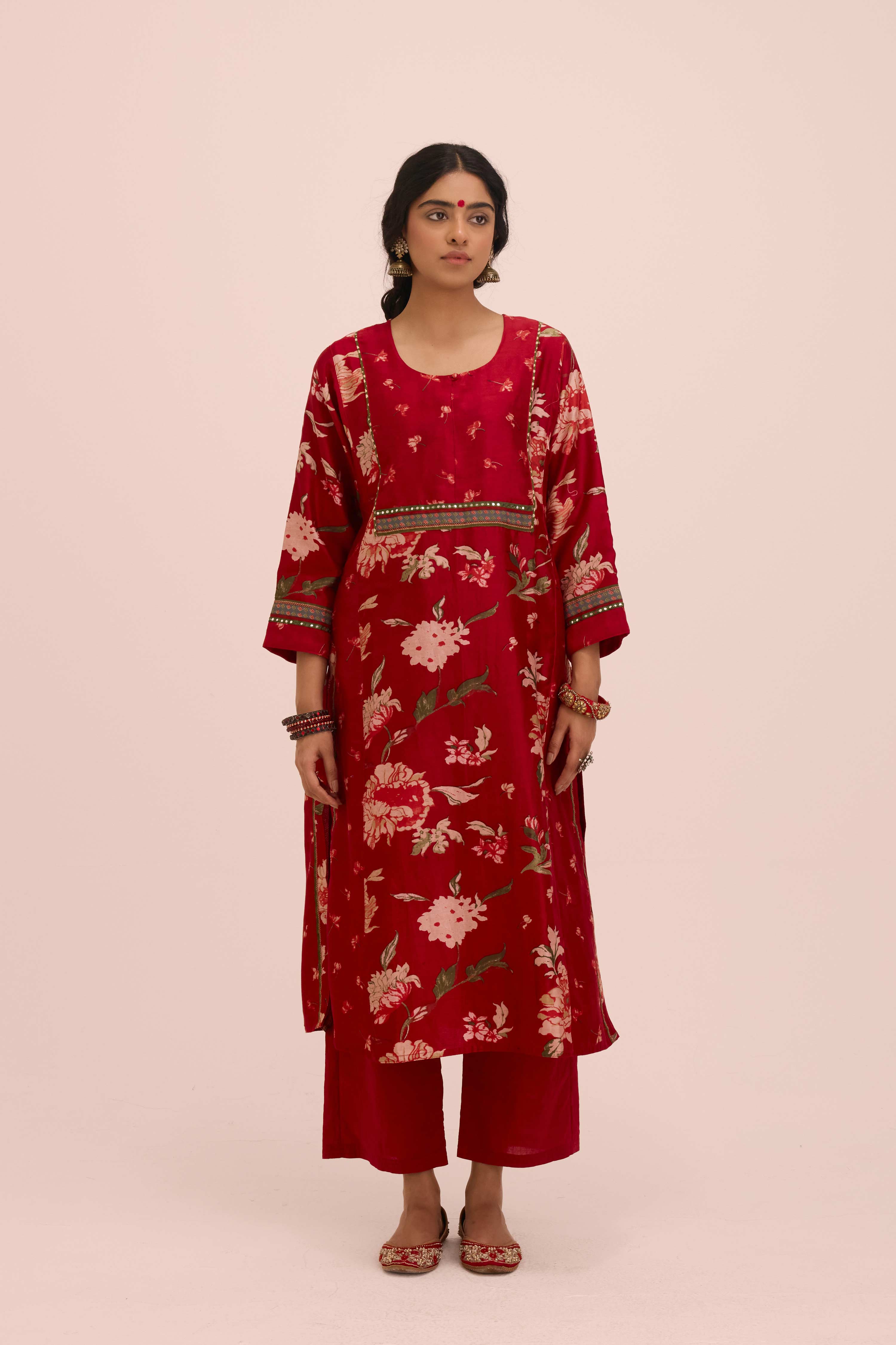 Straight Cotton Solid Printed Pant Red