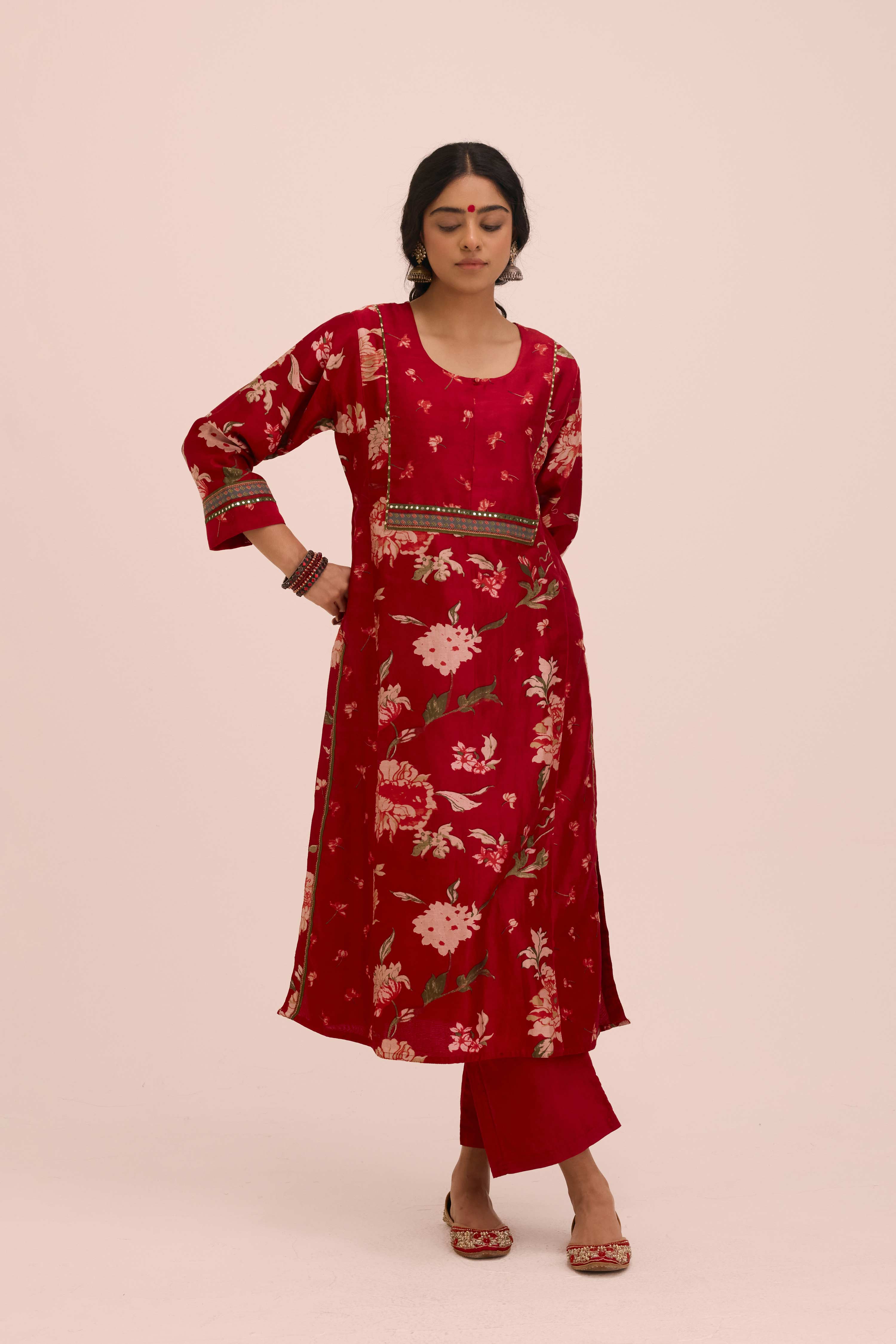 Straight Cotton Solid Printed Pant Red