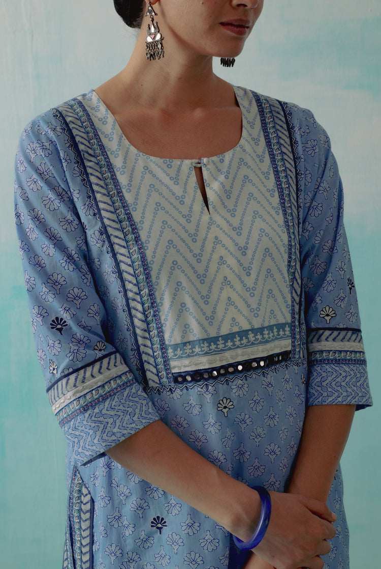 Yoke Kurta Light Blue White Bandhani (8342864199979)