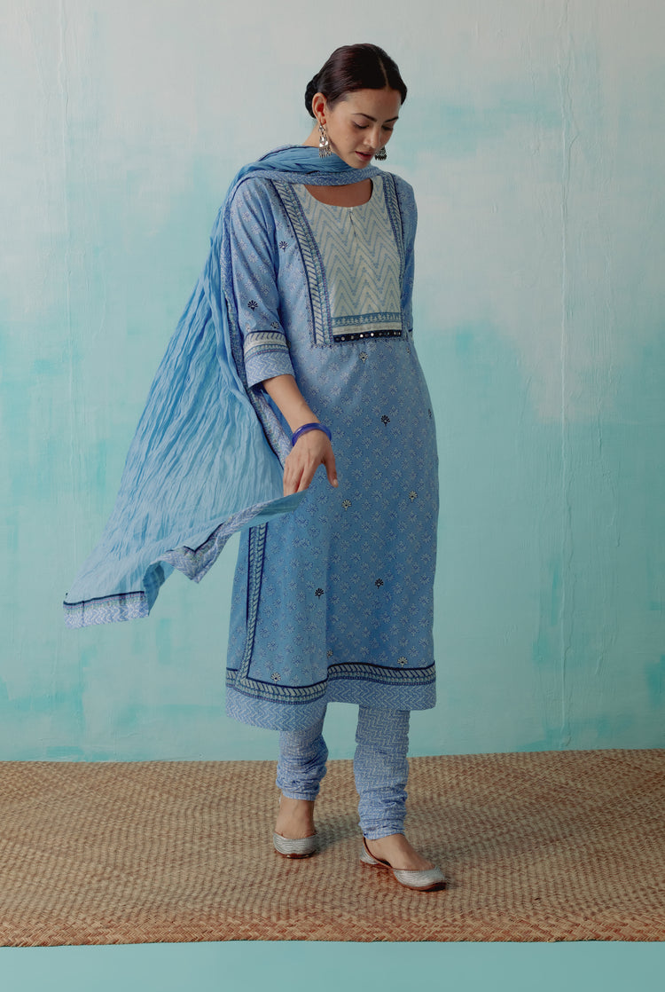 Yoke Kurta Light Blue White Bandhani (8342864199979)