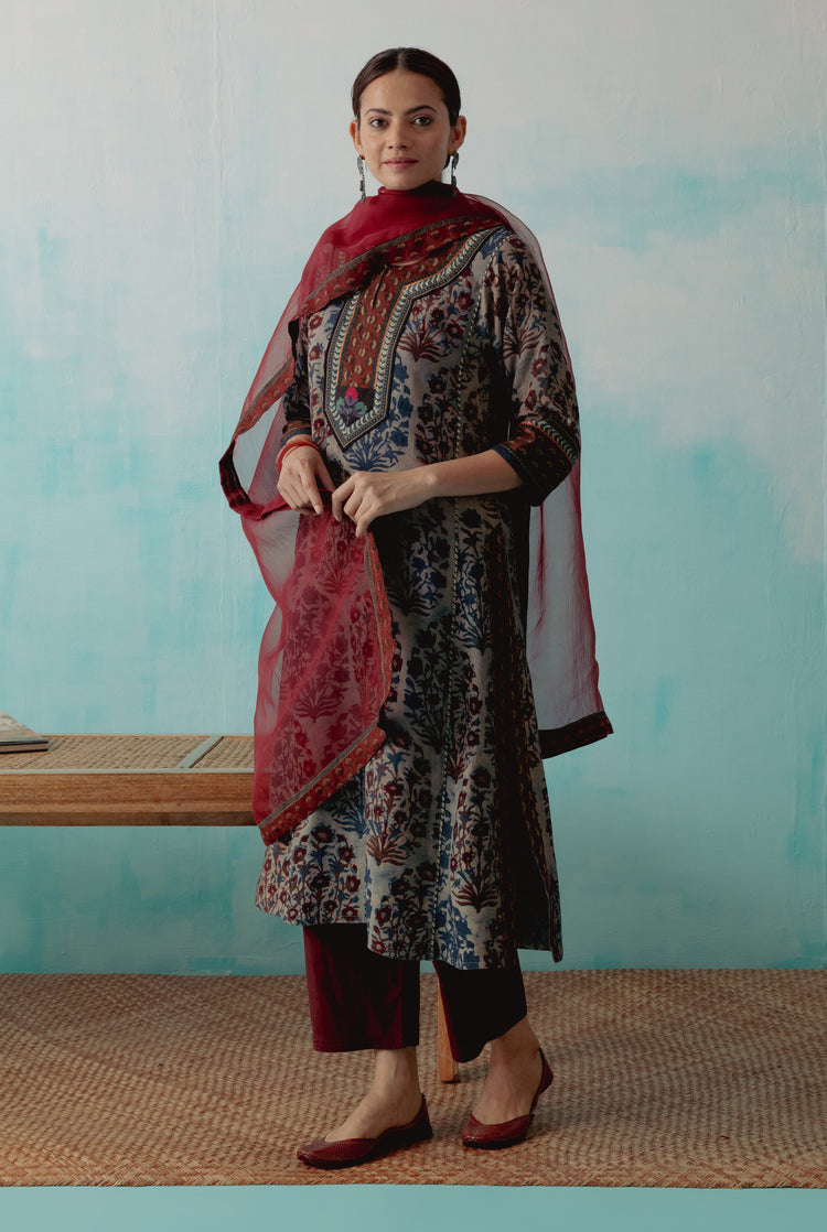 Rozana Kurta Stone Blue Maroon (8342898934059)