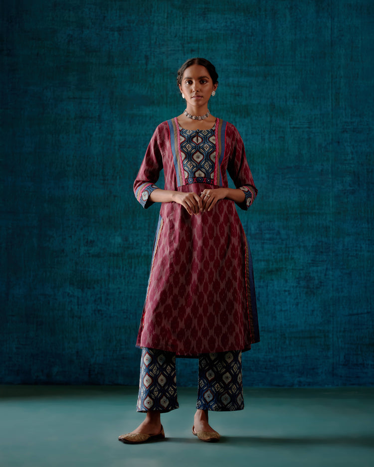 Naaz Yoke Kurta Wine Cream Indigo (7152339976239)