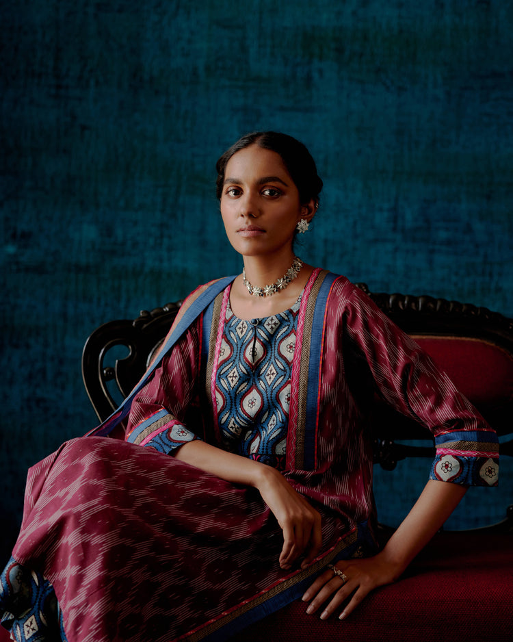 Naaz Yoke Kurta Wine Cream Indigo (7152339976239)