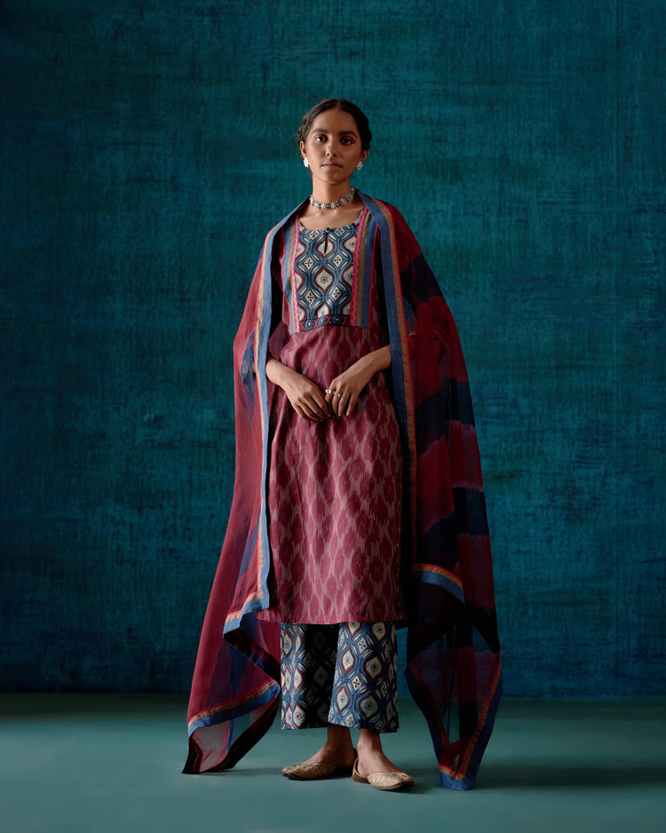 Naaz Yoke Kurta Wine Cream Indigo (7152339976239)