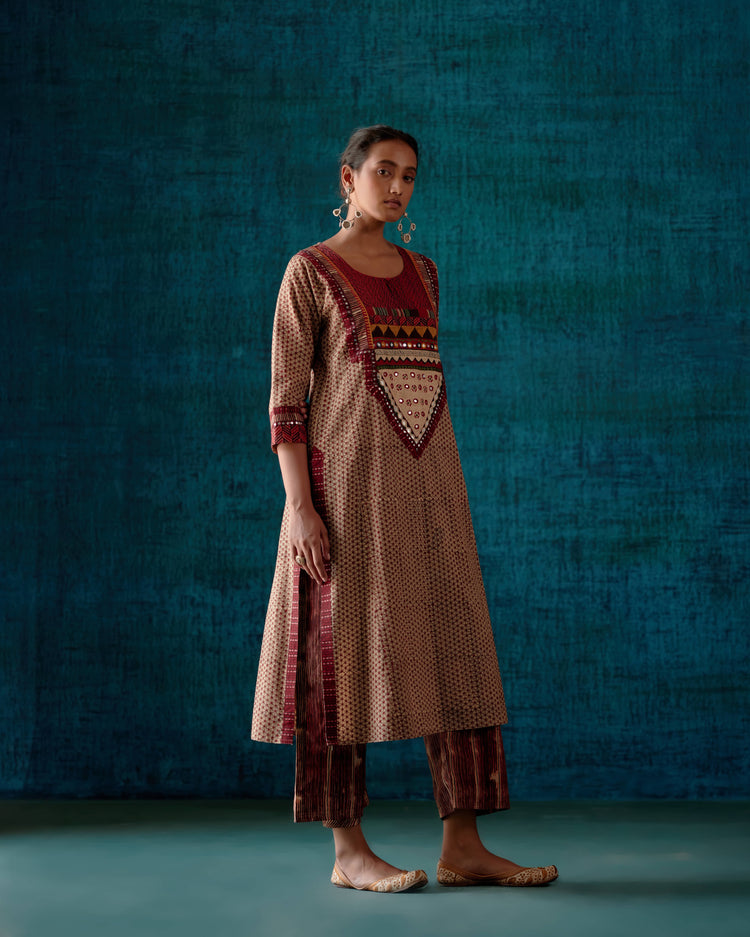 Devi Kurta Beige Maroon (7152337354799)