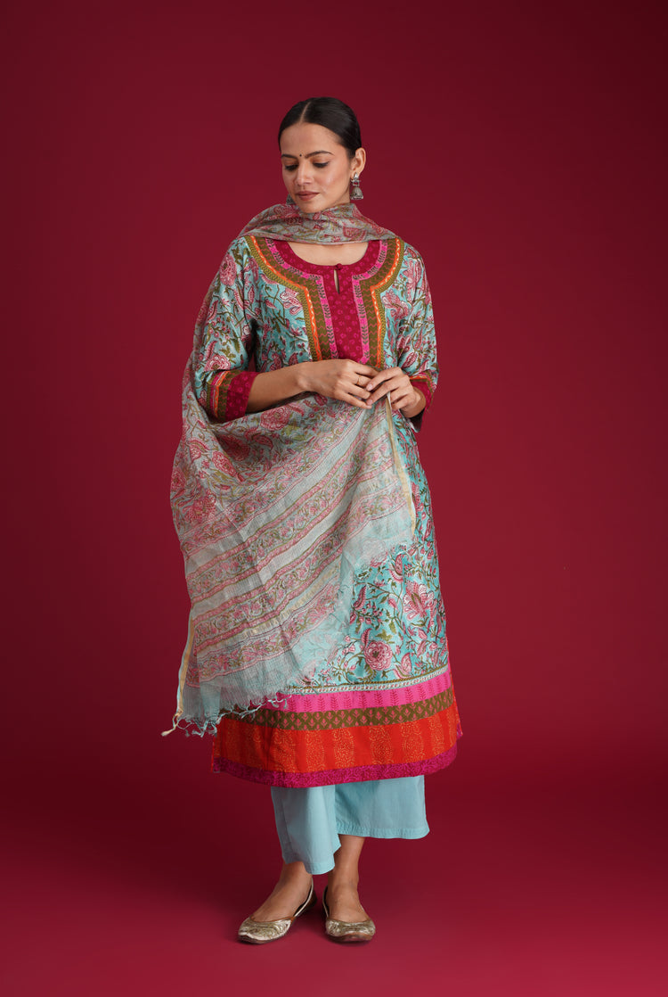 Rozana Kurta Turquoise Peach (7135686623279)