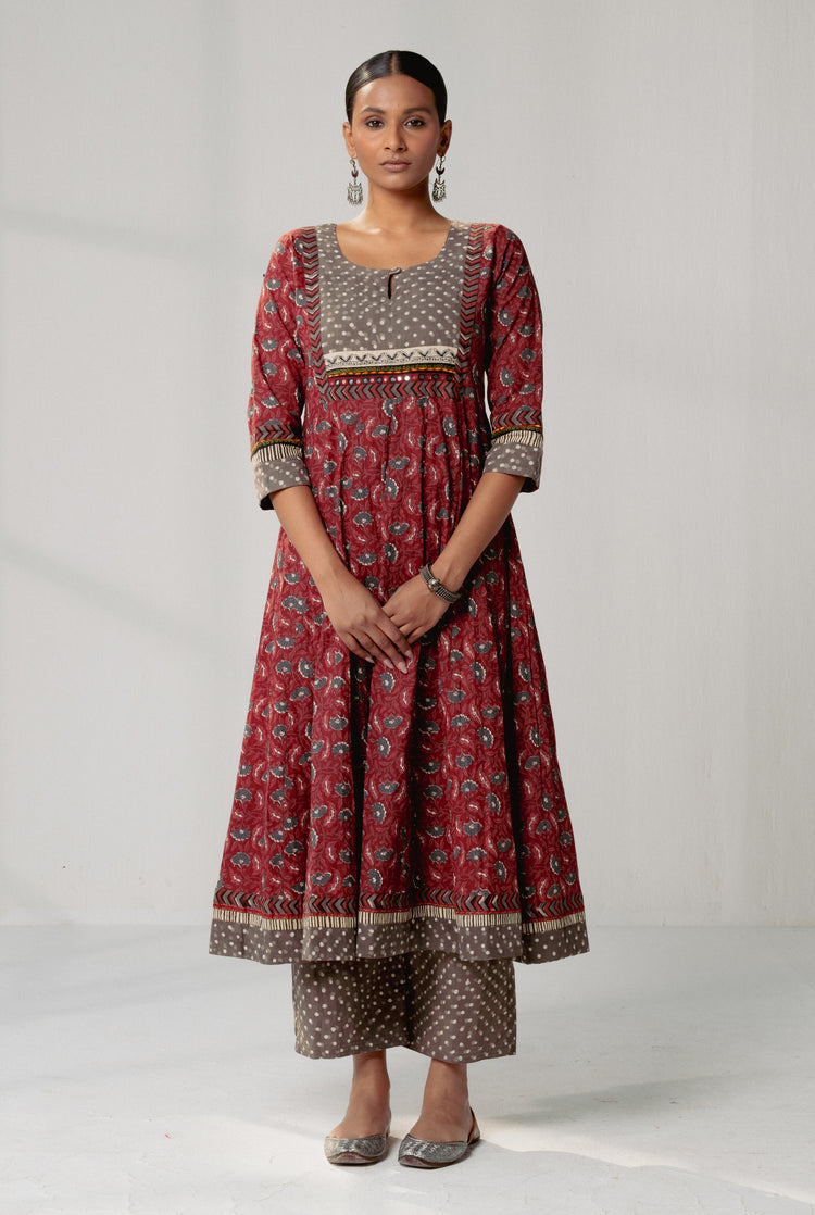 Crinkled Anarkali Kurta Maroon Grey (8161814544683)