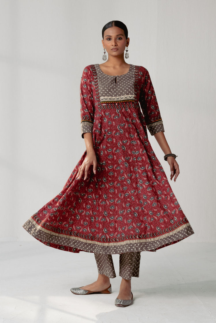 Crinkled Anarkali Kurta Maroon Grey (8161814544683)