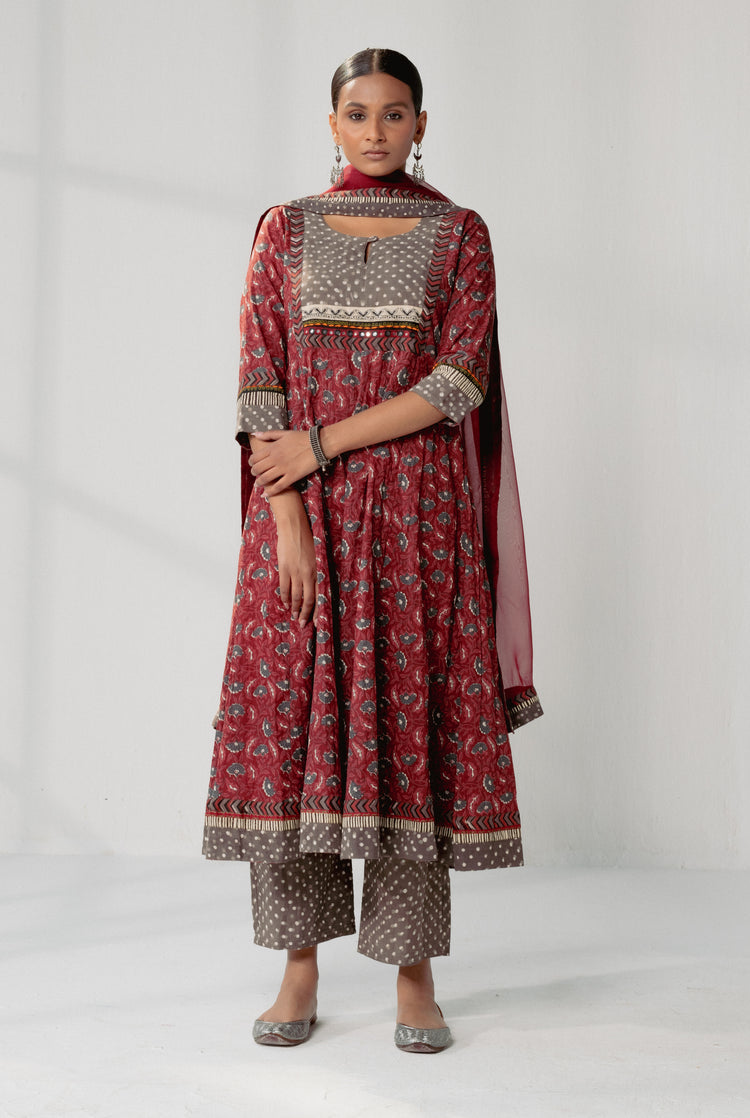 Crinkled Anarkali Kurta Maroon Grey (8161814544683)