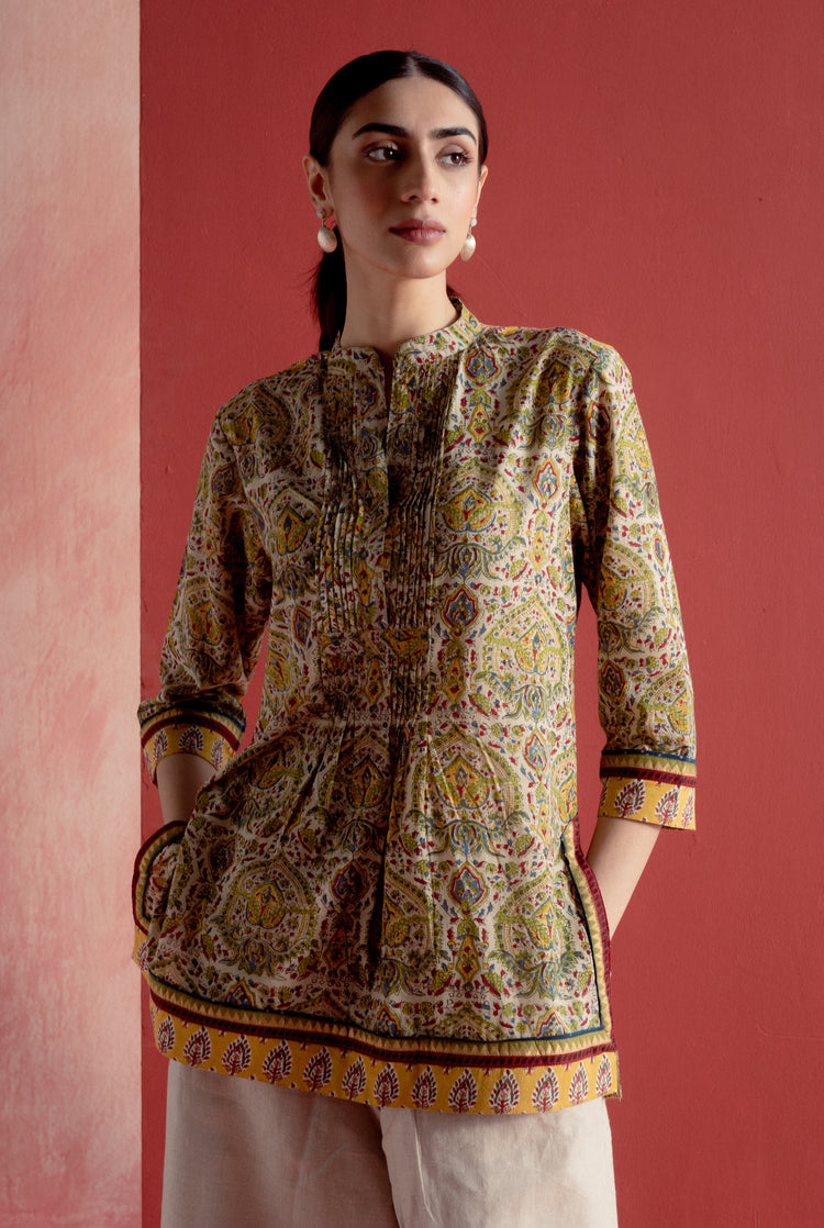 Collar Kurti Off White Green (8163179200811)