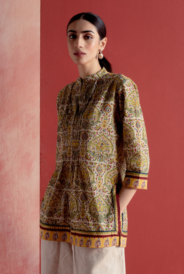 Collar Kurti Off White Green (8163179200811)