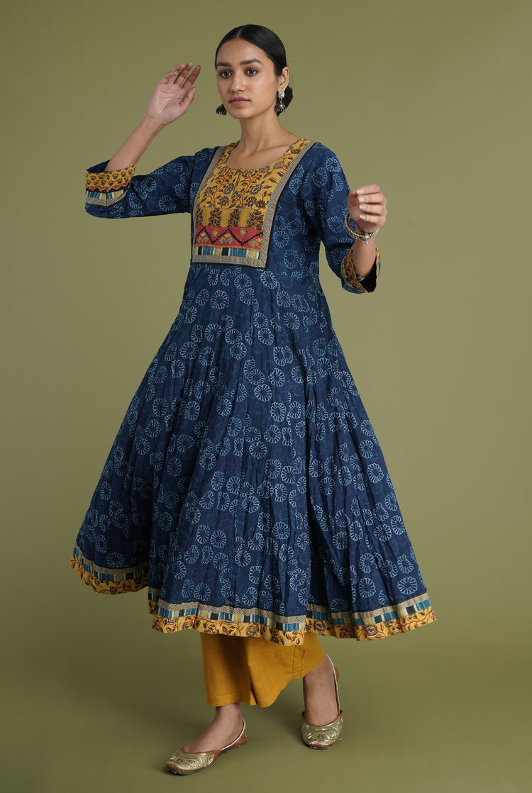 Anarkali Crinkled Kurta Mustard Indigo (6936653266991)