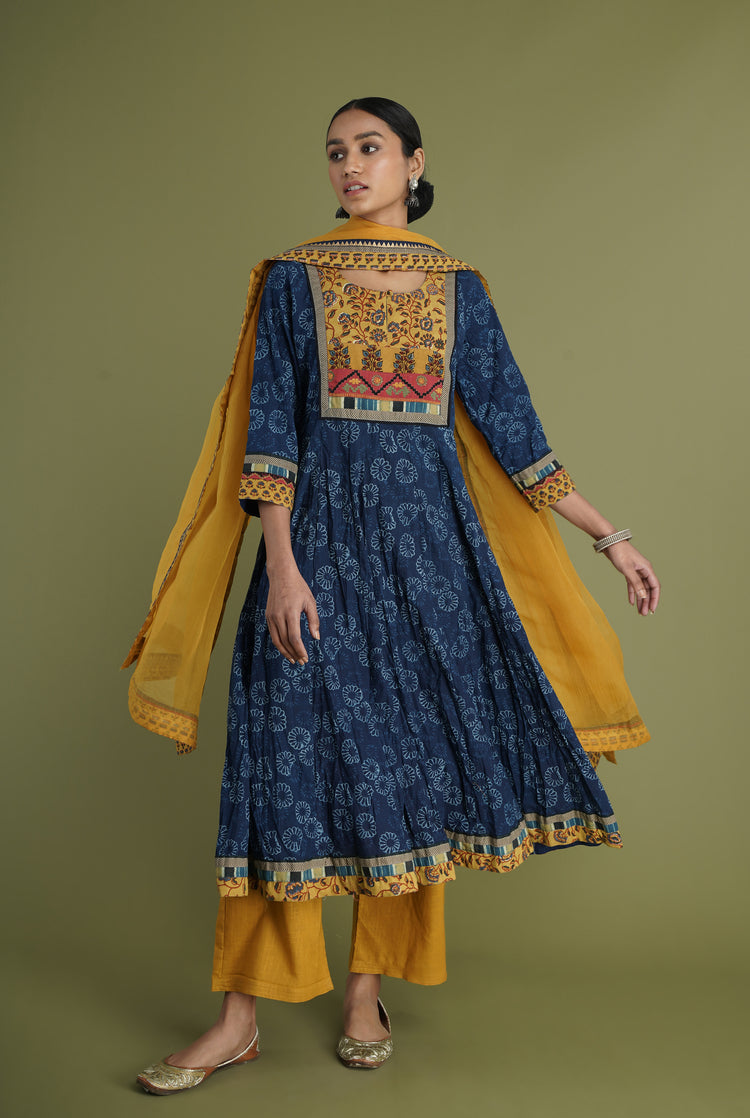 Anarkali Crinkled Kurta Mustard Indigo (6936653266991)