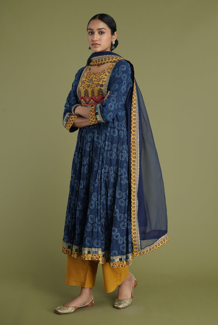Anarkali Crinkled Kurta Mustard Indigo (6936653266991)