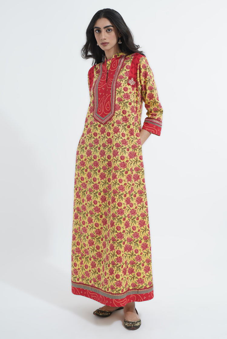 Yoke Caftan Yellow Red Bandhni (6870139109423)