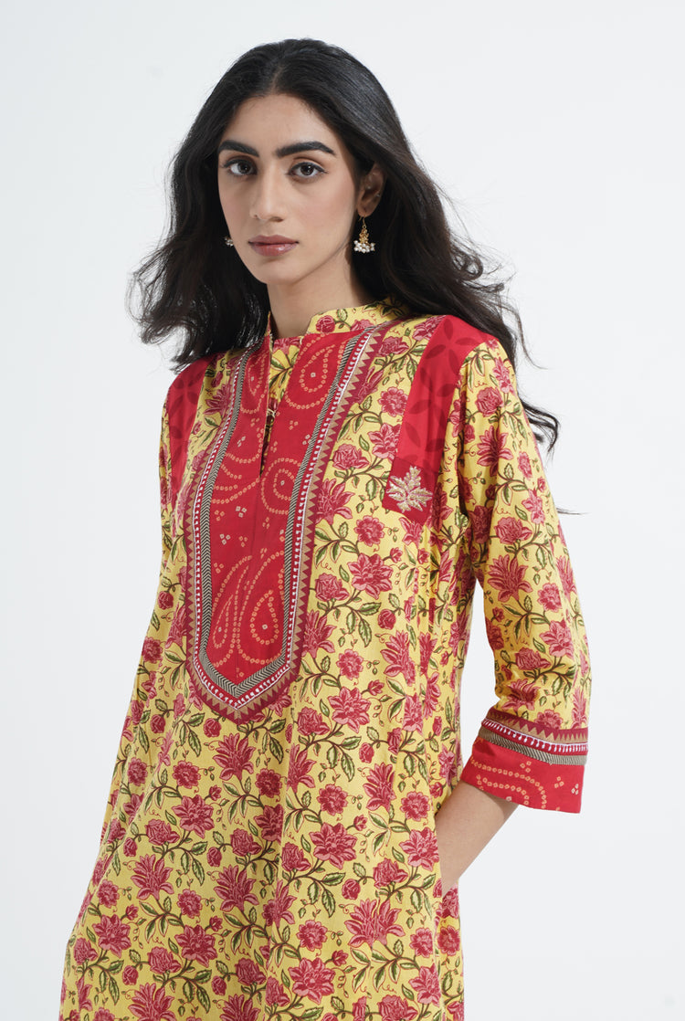 Yoke Caftan Yellow Red Bandhni (6870139109423)