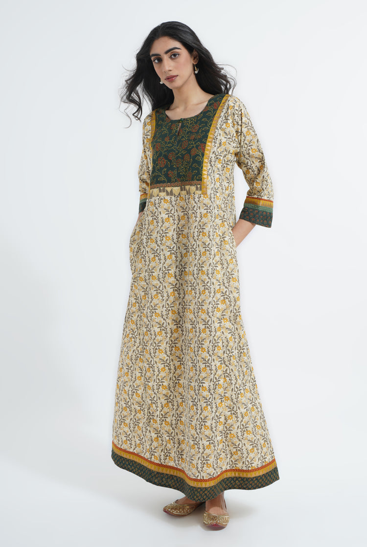 Yoke Caftan Cream Ochre Bottle Green (6870139043887)
