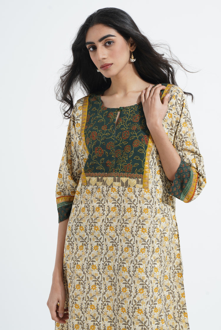 Yoke Caftan Cream Ochre Bottle Green (6870139043887)