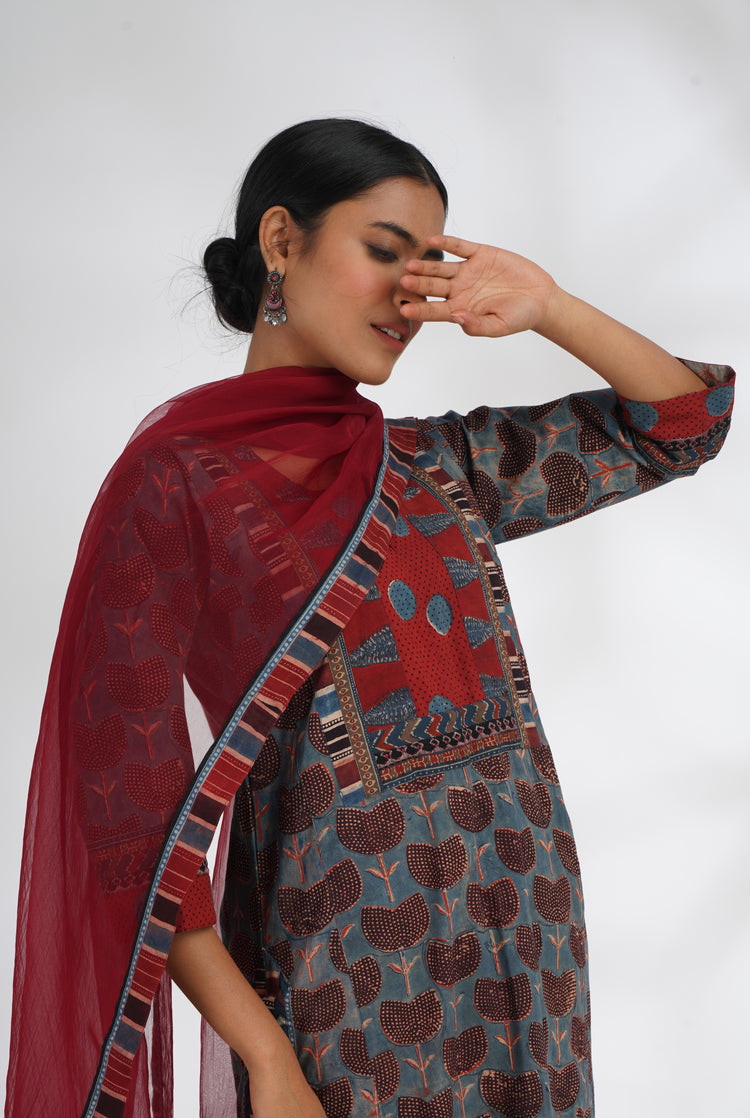 Yoke Kurta Steel Grey Maroon (7047222198319)