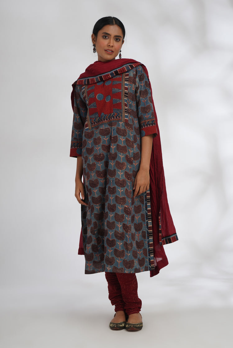 Yoke Kurta Steel Grey Maroon (7047222198319)
