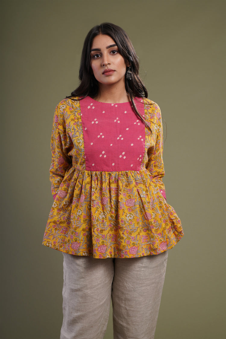 Yellow Pink Bandhej Kurti (540860842031)