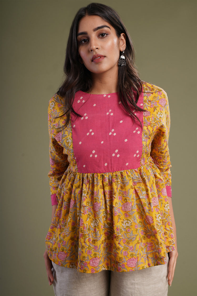 Yellow Pink Bandhej Kurti (540860842031)