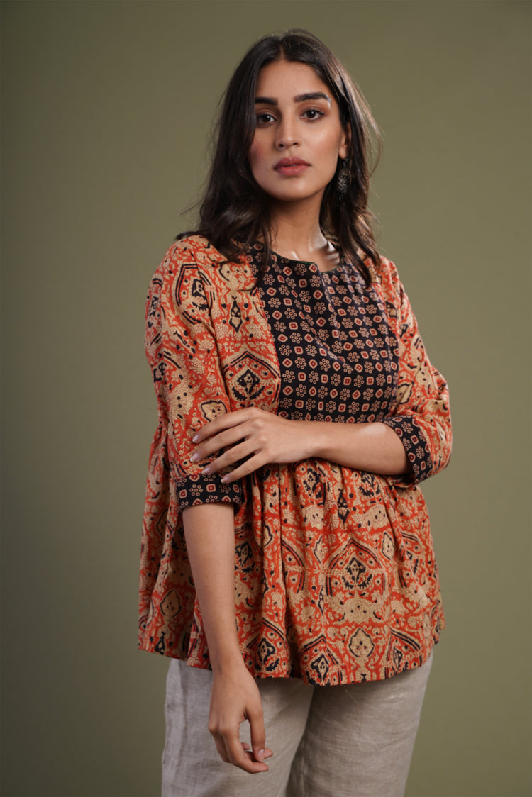 Orange Black Yoke Kurti (931324133423)