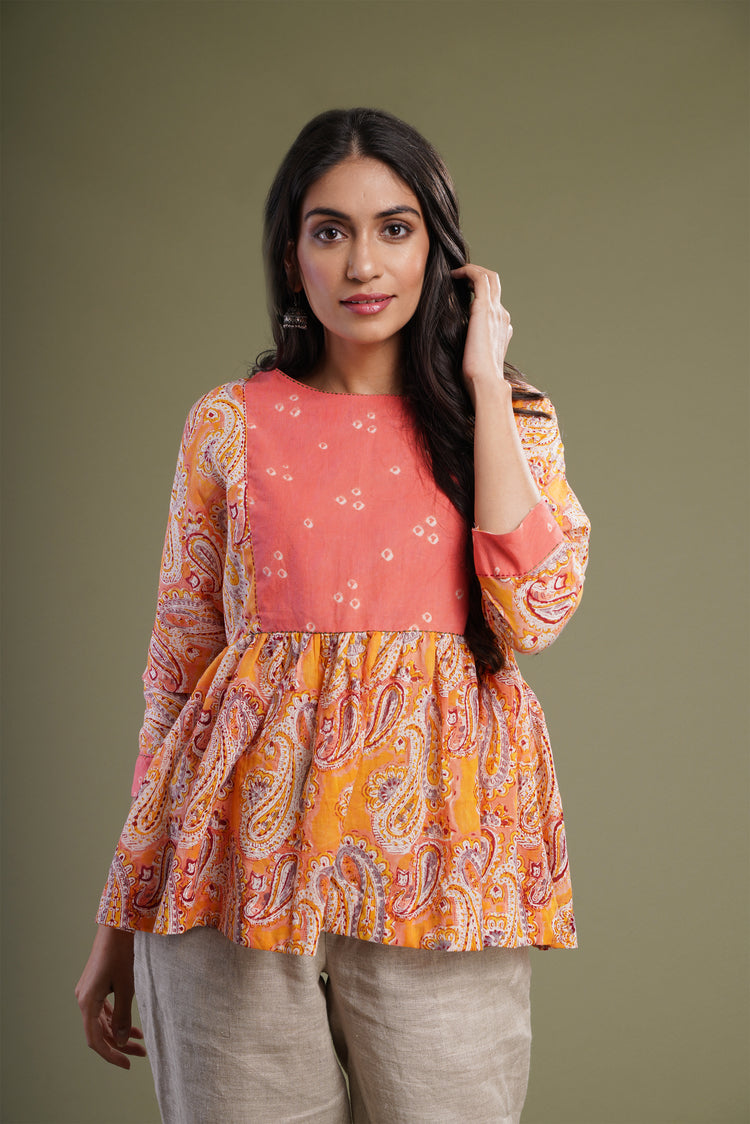 Peach Yellow Bandhej Kurti (960445415471)