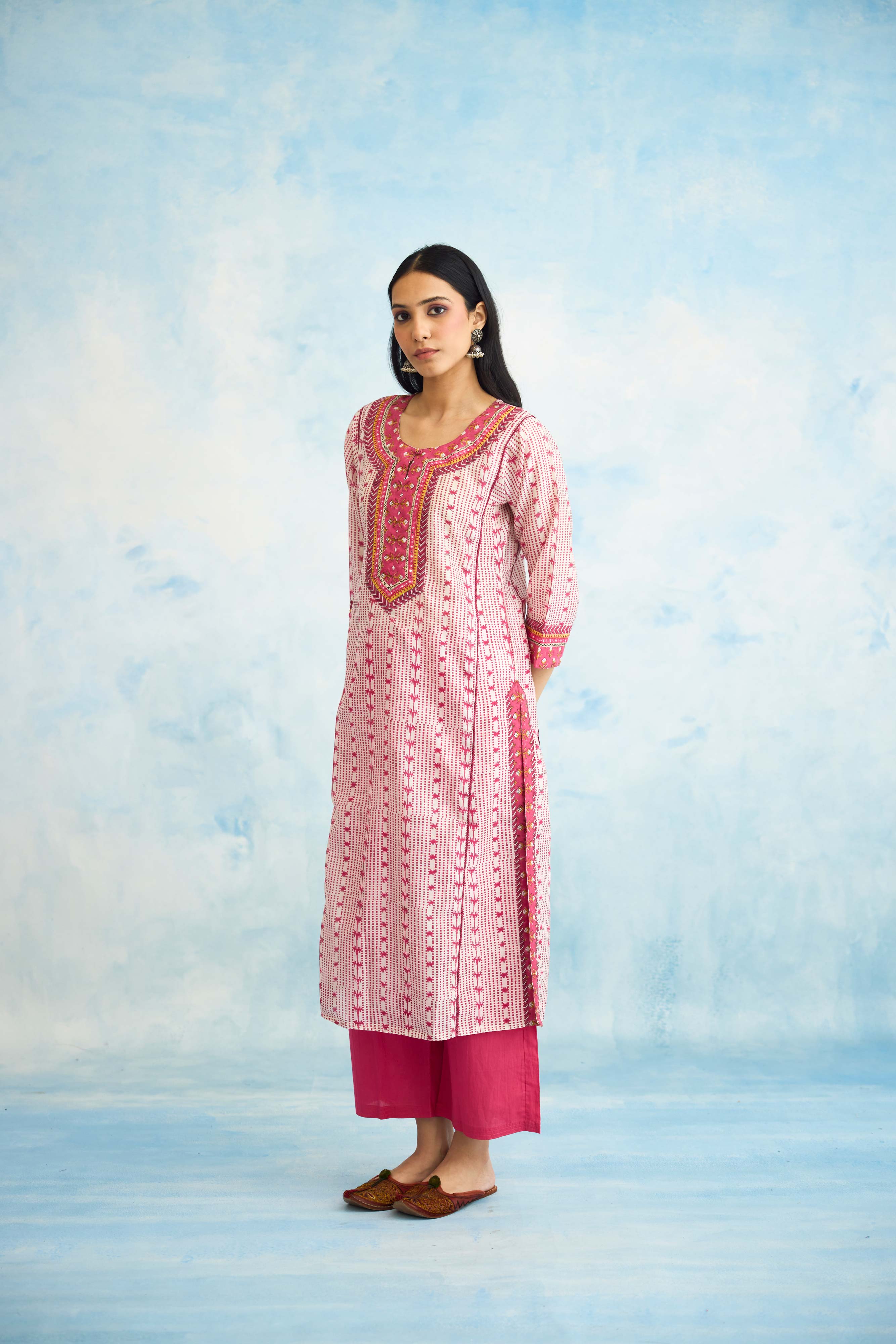 Rozana Kurta White Pink (9925495292203)