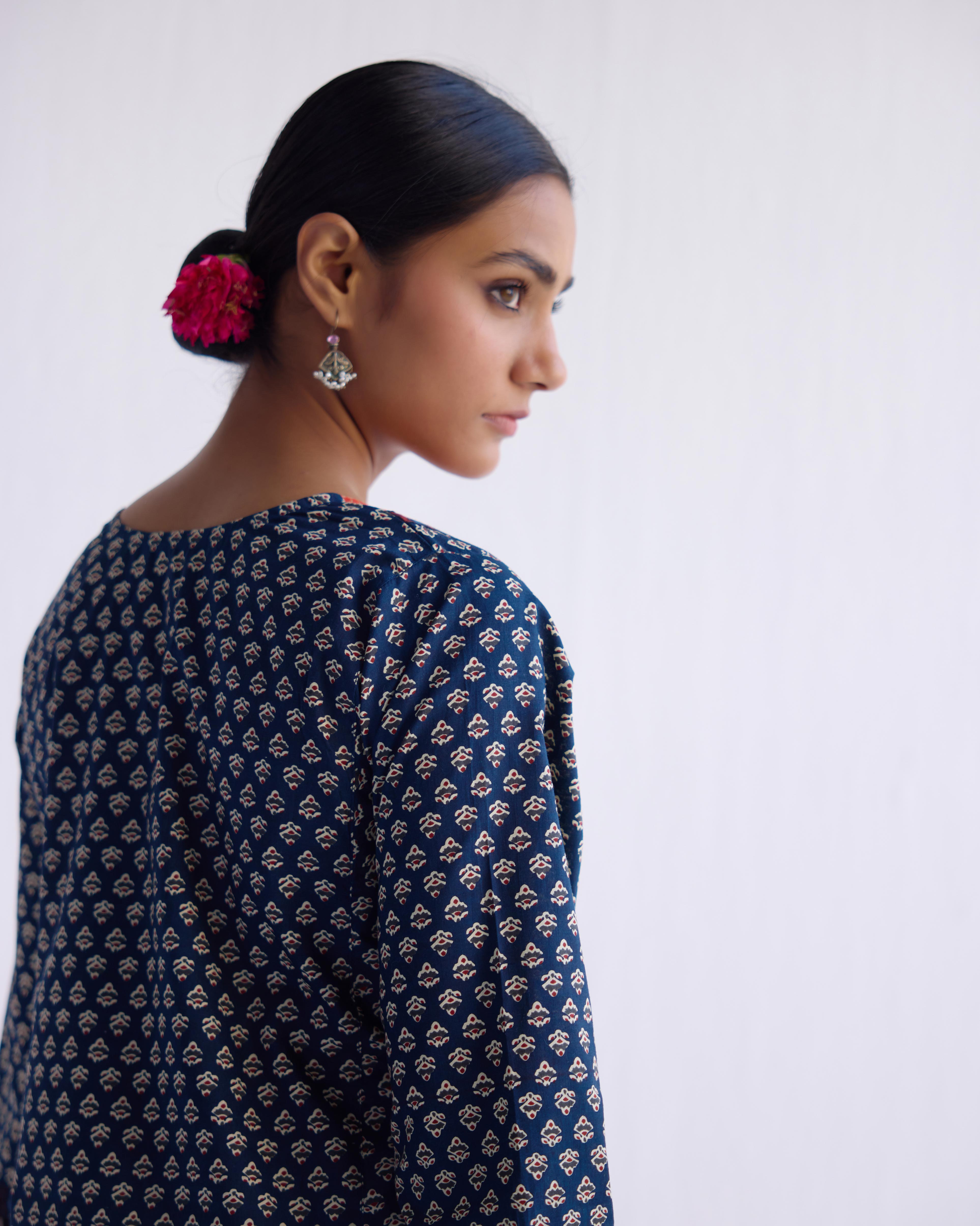 Yoke Kurti Indigo Cream Orange (9141838643499)