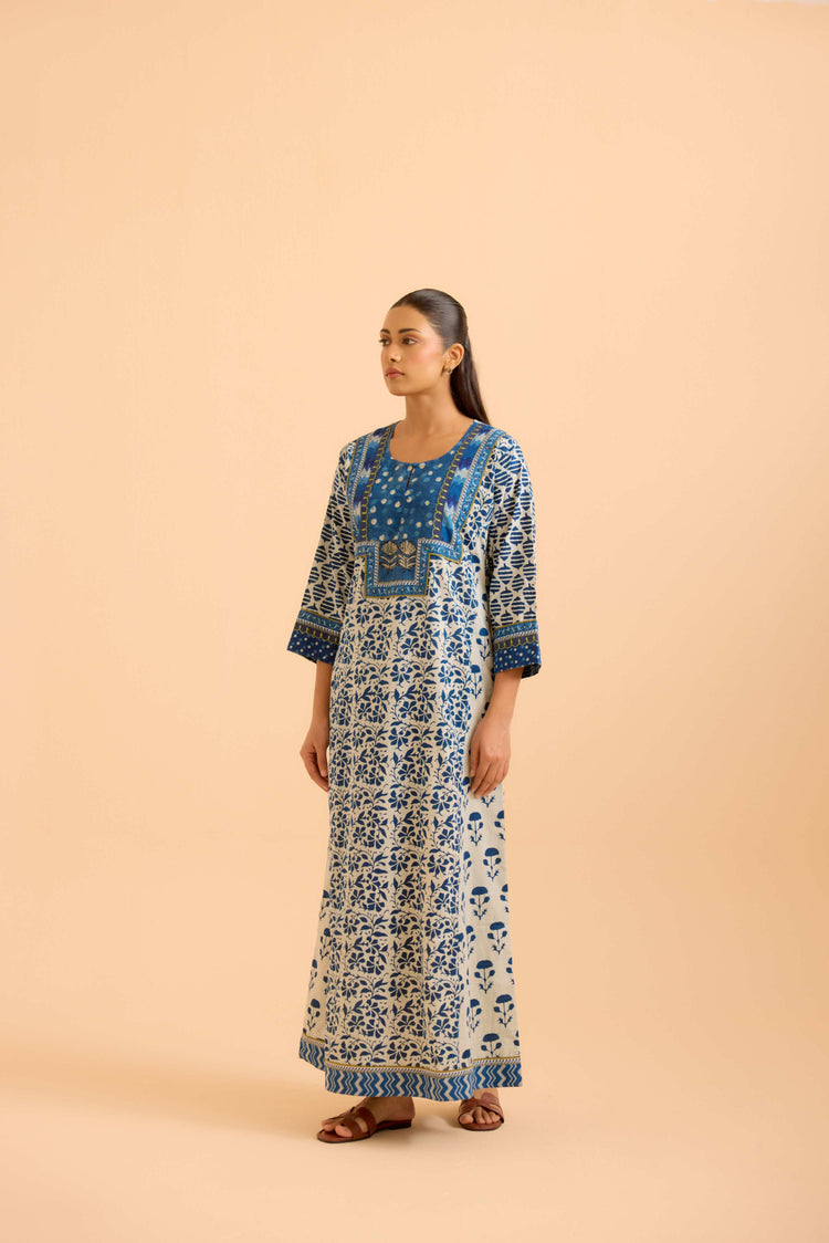 Rozana Cream Indigo Caftan