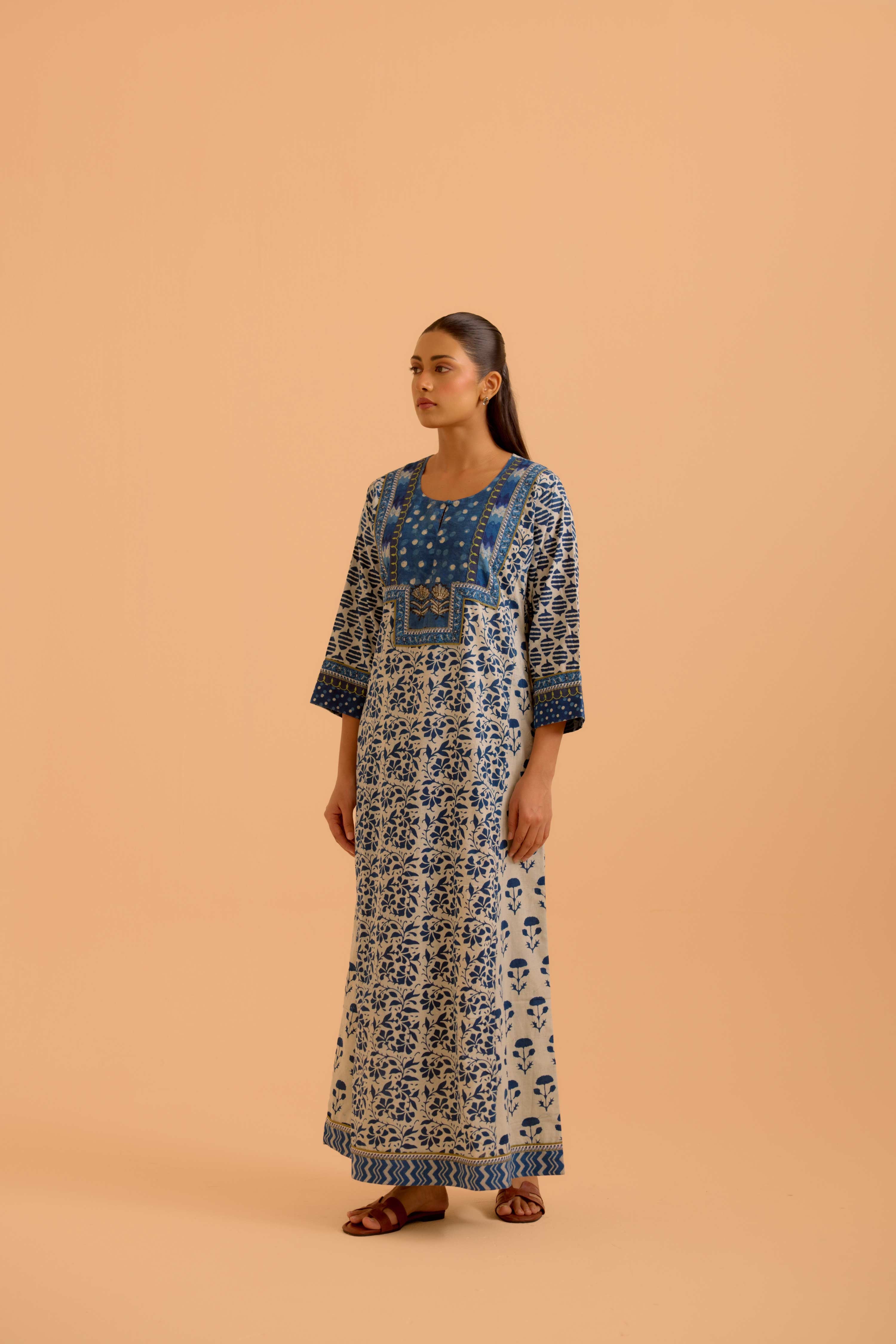 Rozana Cream Indigo Caftan