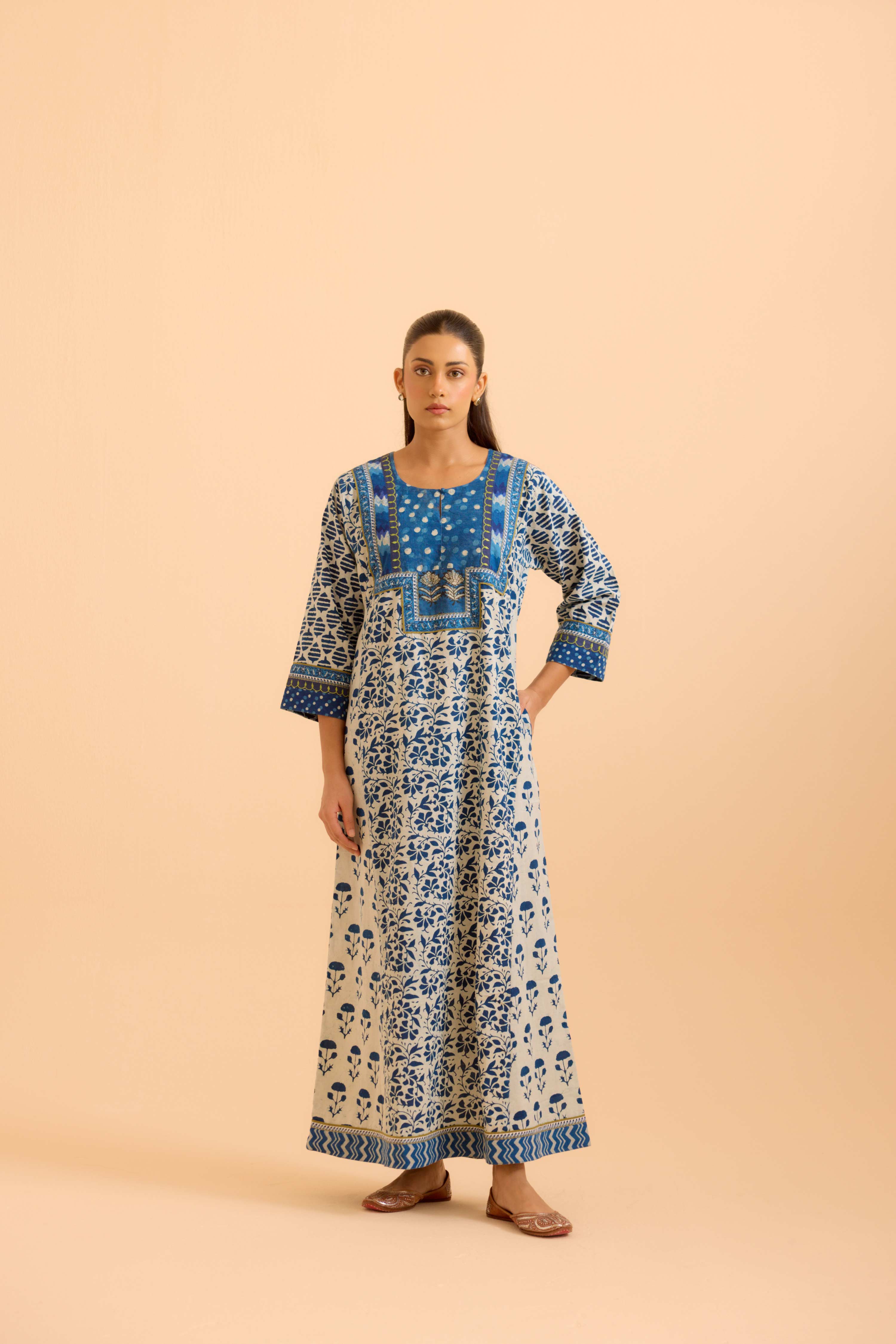 Rozana Cream Indigo Caftan