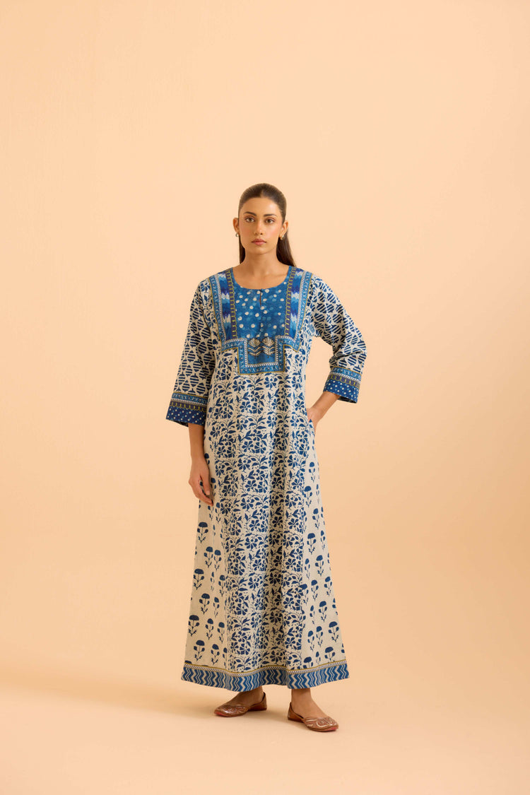 Rozana Cream Indigo Caftan