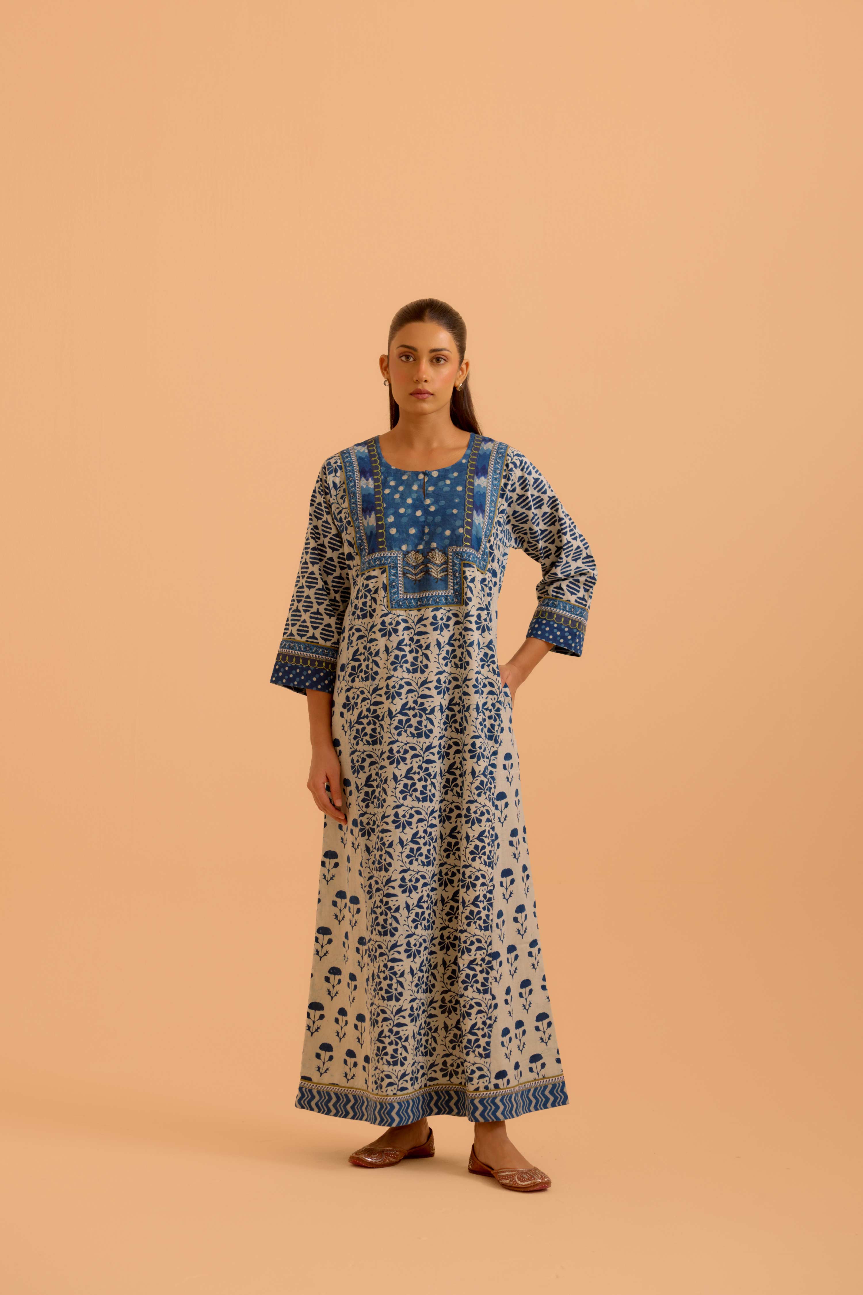 Rozana Cream Indigo Caftan
