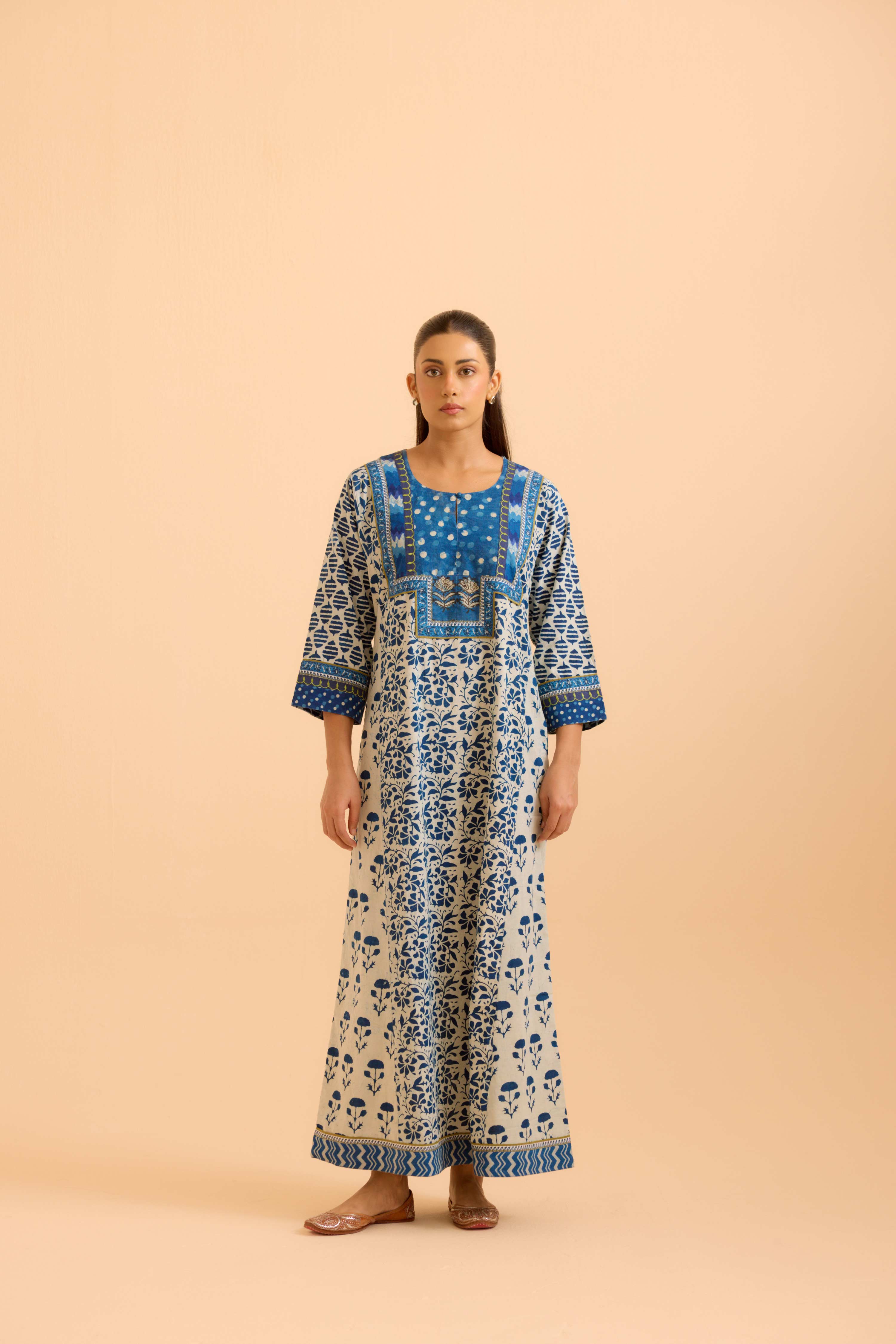 Rozana Cream Indigo Caftan