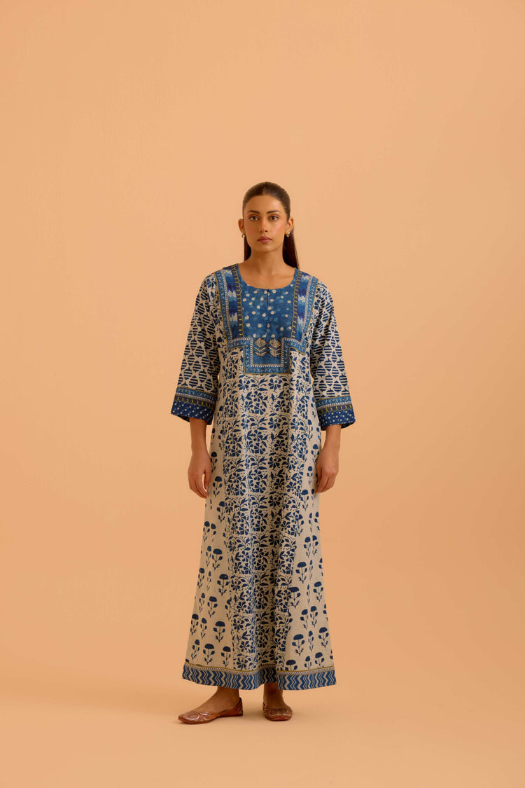 Rozana Cream Indigo Caftan