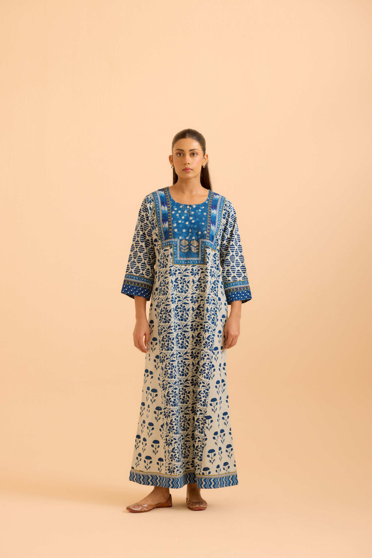 Rozana Cream Indigo Caftan