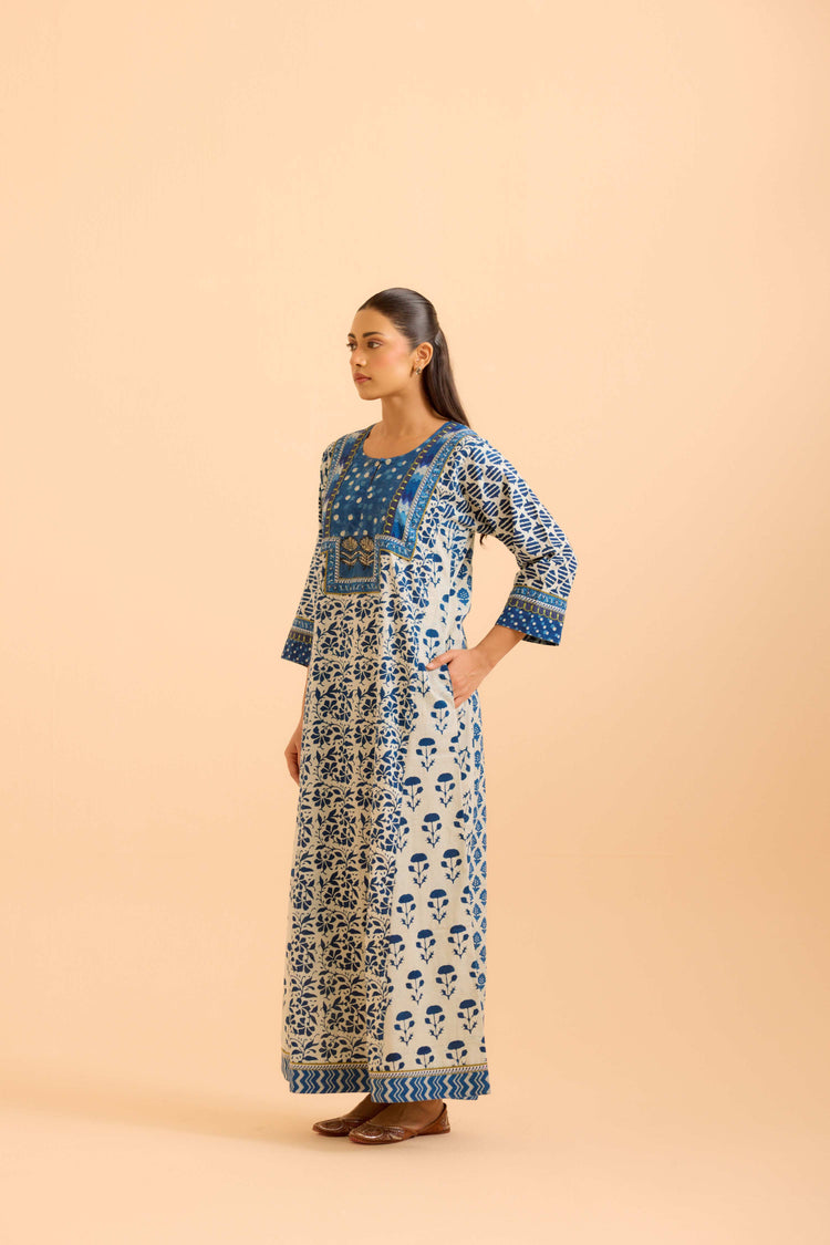 Rozana Cream Indigo Caftan