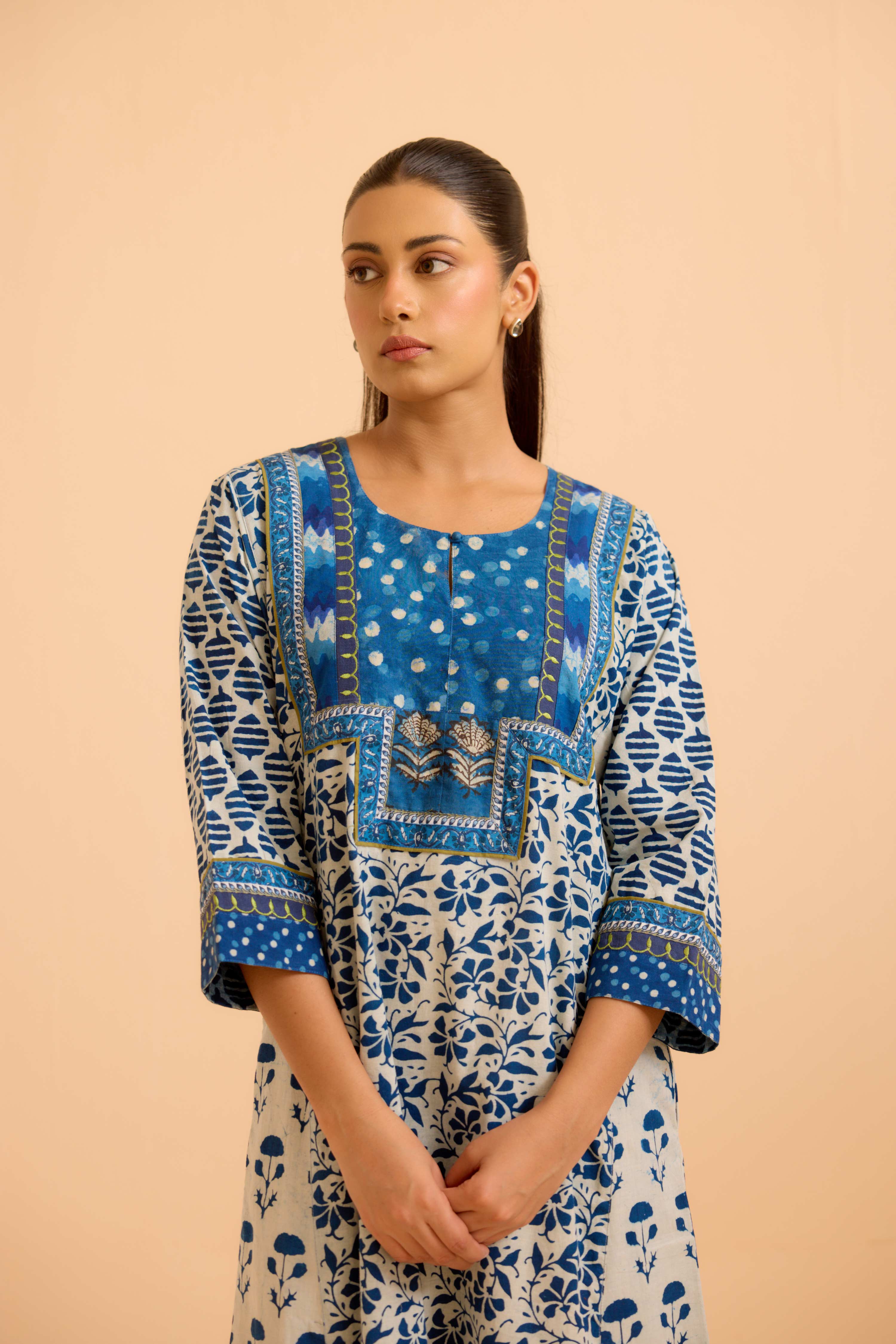 Rozana Cream Indigo Caftan