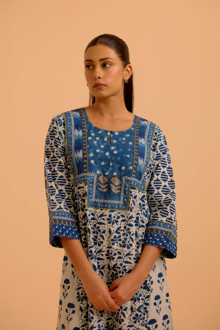 Rozana Cream Indigo Caftan