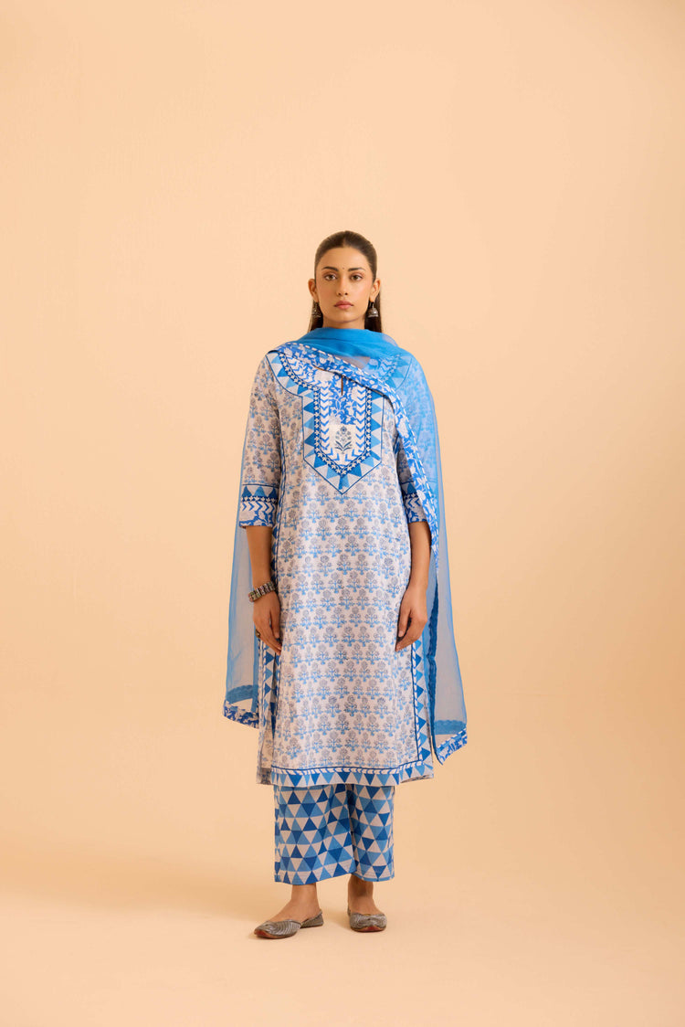 Anu Cotton Printed Kurta White Blue