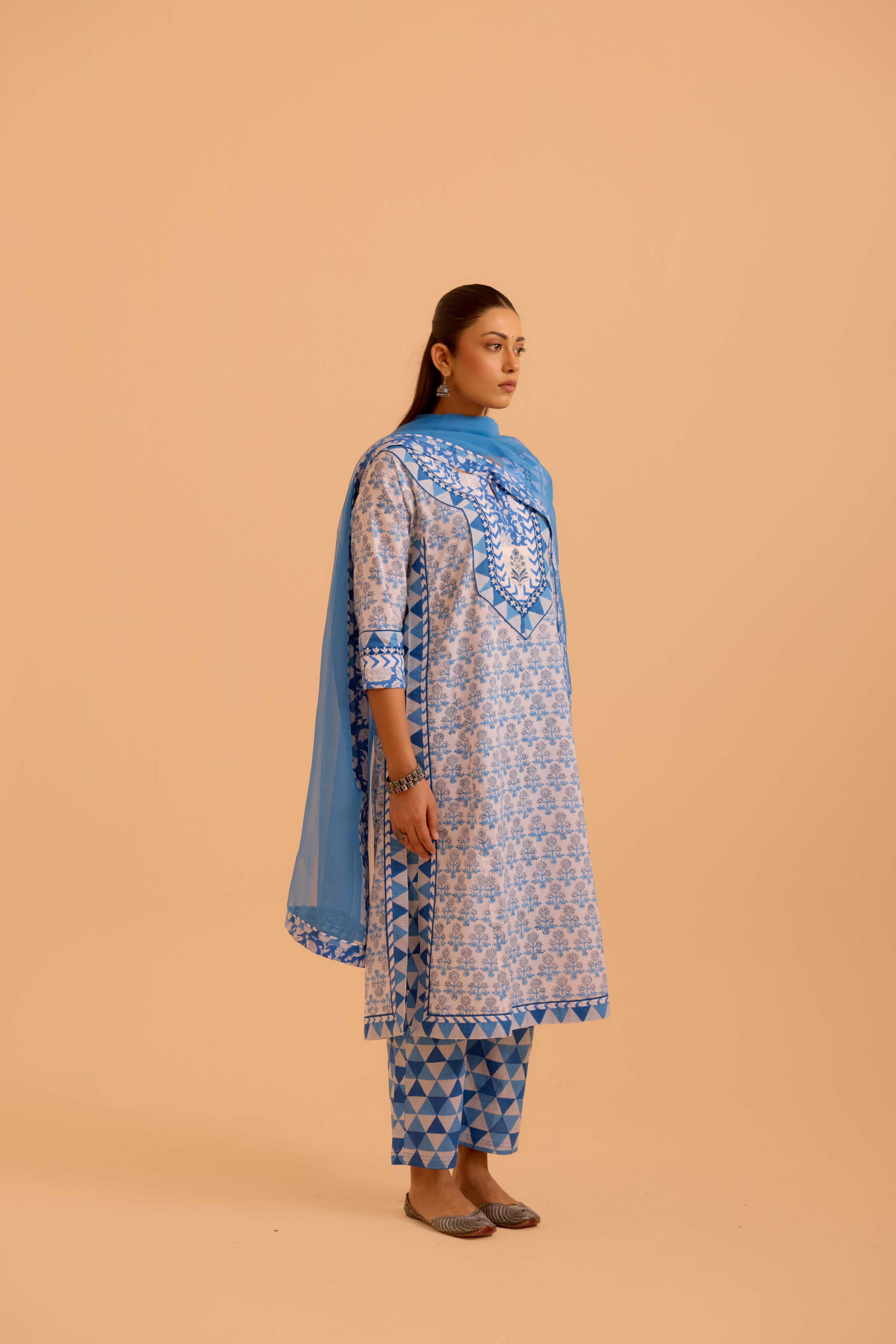 Anu Cotton Printed Kurta White Blue