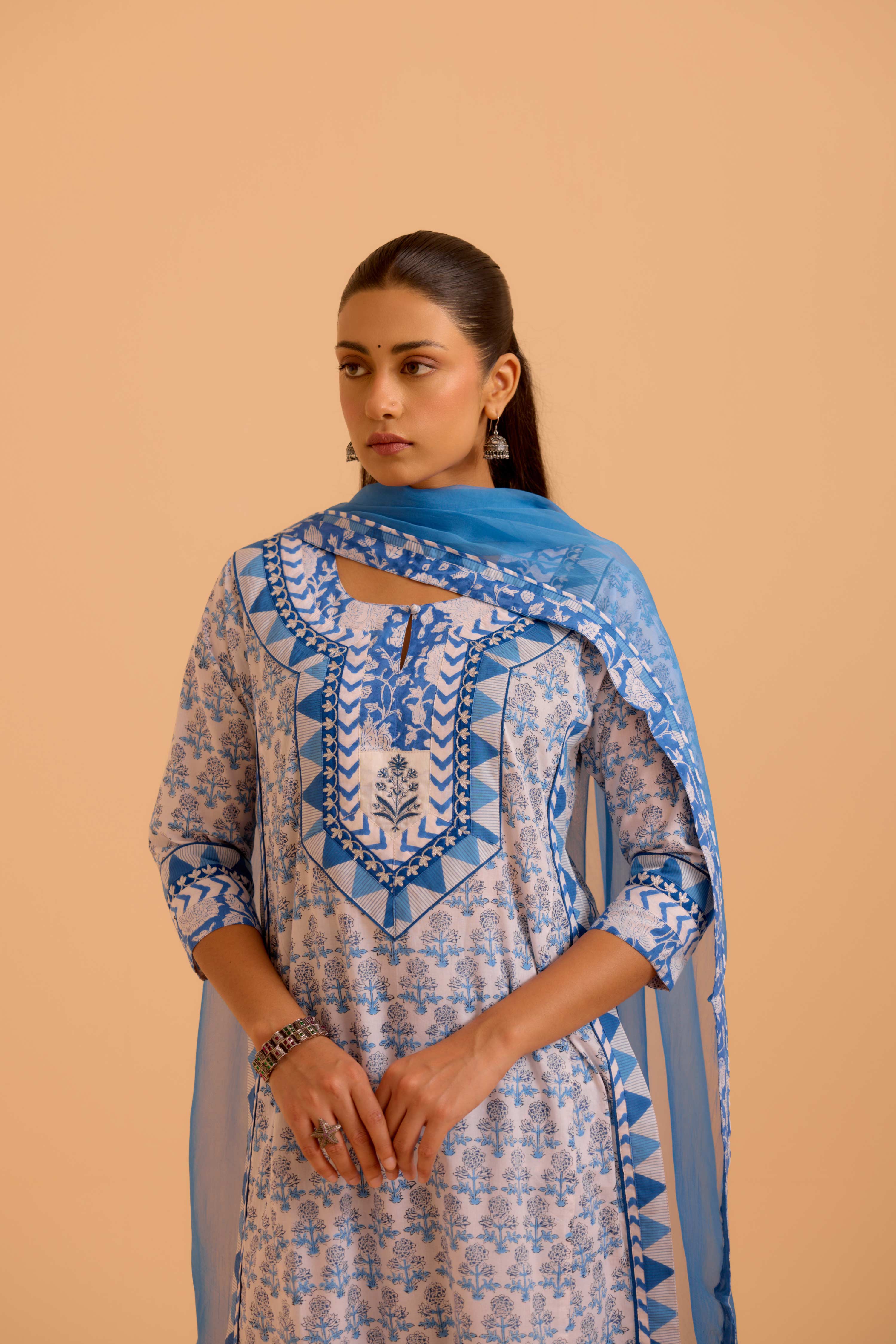 Anu Cotton Printed Kurta White Blue