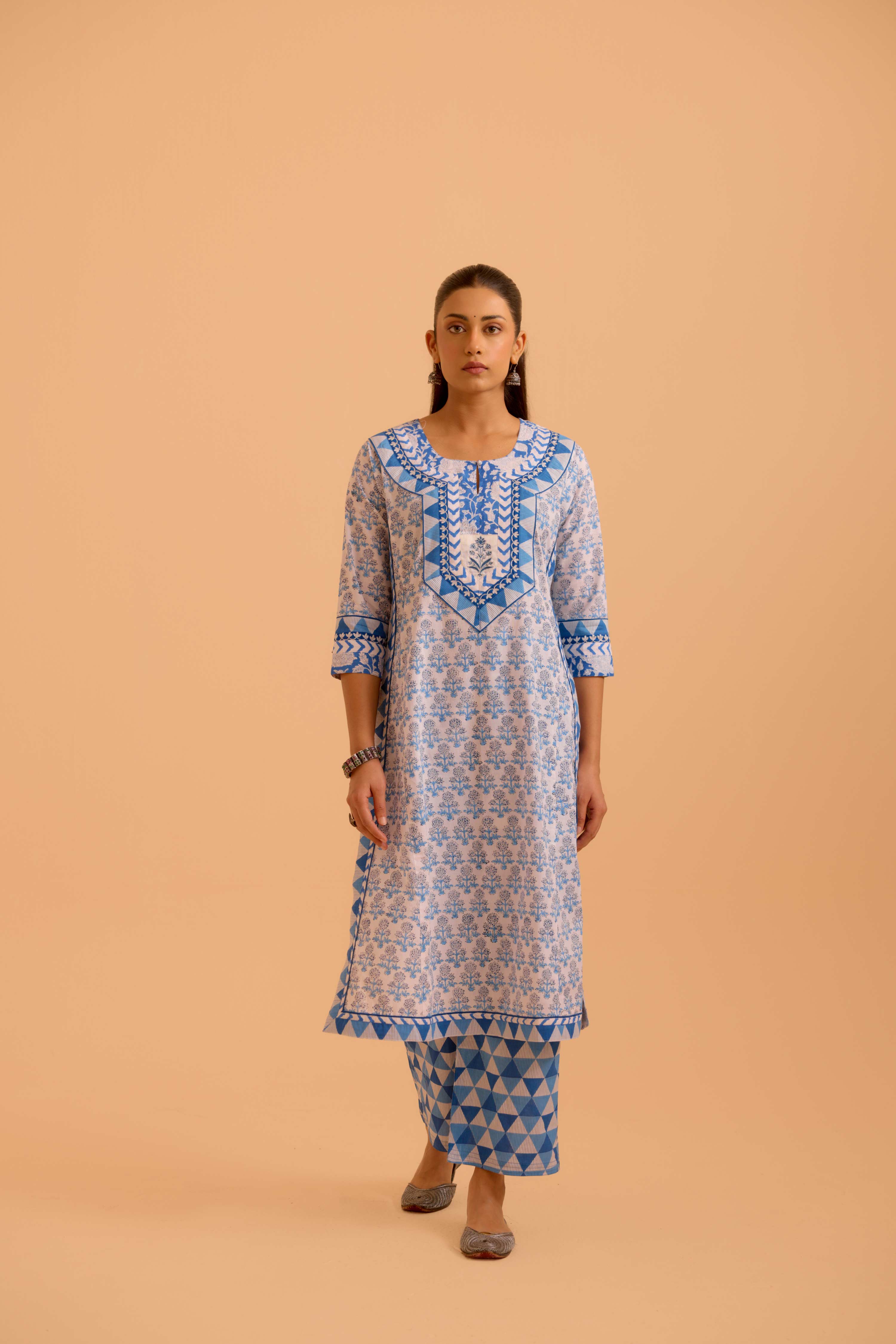 Anu Cotton Printed Kurta White Blue